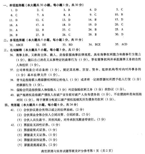 2018年辽宁自考法学类商法原理与实务模拟试题及答案一(图1)